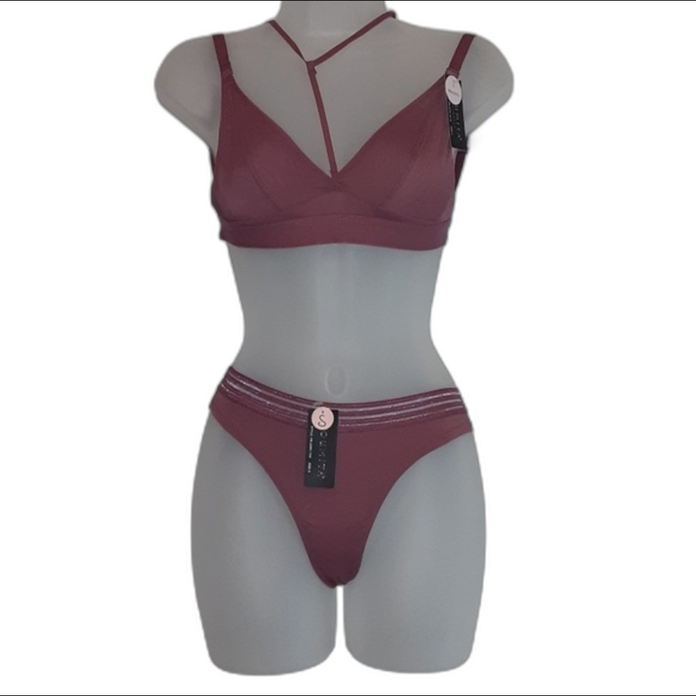 Youmita Small Deco rose Semi Sheer Bralette & Mesh Thong NWT